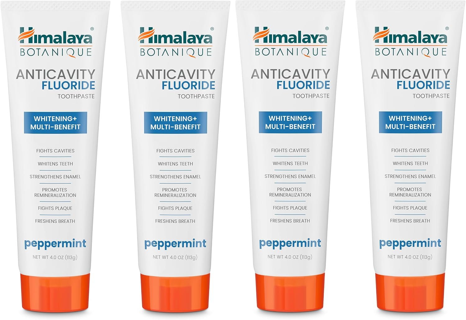 Himalaya Botanique Anticavity Fluoride Toothpaste, Fluoride with Multi-Benefit Support, Fights Cavities, Strengthens Enamel, Promotes Remineralization, Peppermint Flavor, 4 oz, 4 Pack