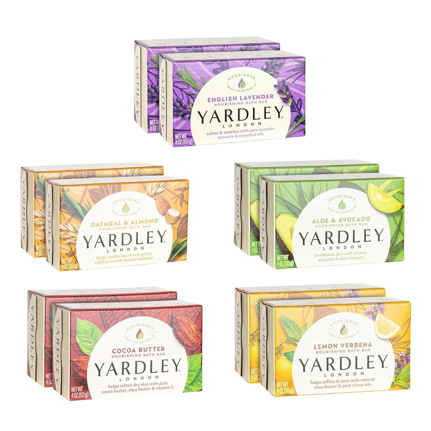 Yardley London Soap Bath Bar Bundle – 10 Bars: English Lavender, Oatmeal and Almond, Aloe and Avocado, Cocoa Butter, Lemon Verbena 4.25 Ounce Bars (Pack of 10 Bars, Two of each)