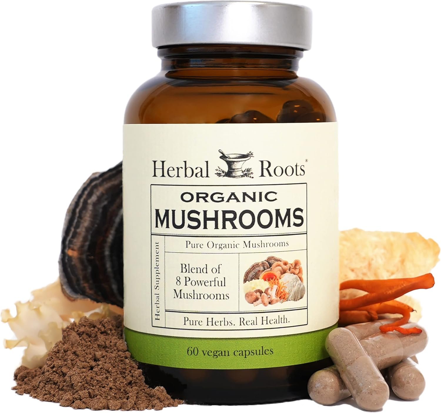 Herbal Roots Organic 8 Mushroom Blend Supplement Capsules – 100% Fruiting Body Extracts – Wellness and Immunity – 60 Vegan Capsules