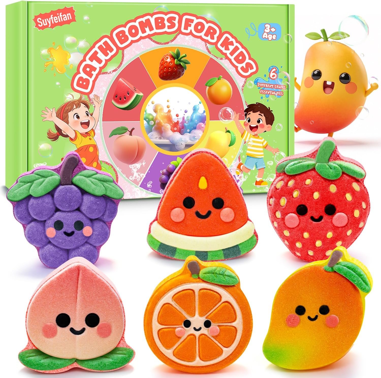 Bath Bombs for Kids Fruit Themed, STEM 6 Pack Natural Organic Handmade Kids Bath Bomb, Gentle Skin-Friendly Bath Toys for Boys Girls, Children Daily Reward & Birthday Gift