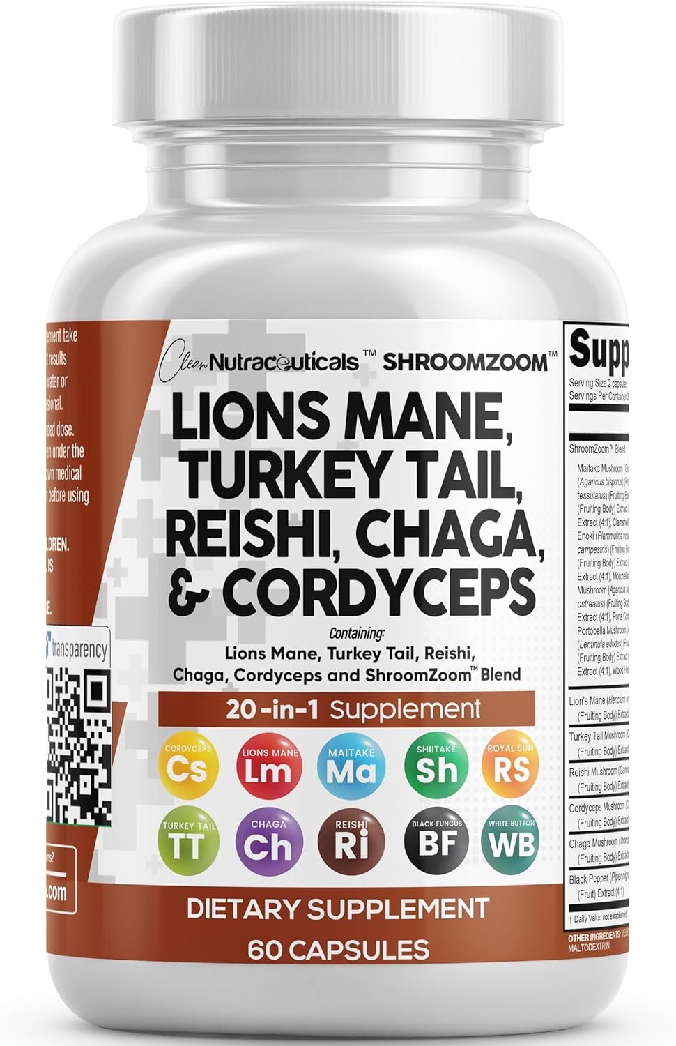 Clean Nutraceuticals Lions Mane 20in1 Mushroom Supplement with Turkey Tail Reishi Cordyceps Chaga Maitake Meshima Poria Cocos Shiitake Oyster Porcini Enoki – 1 Pack
