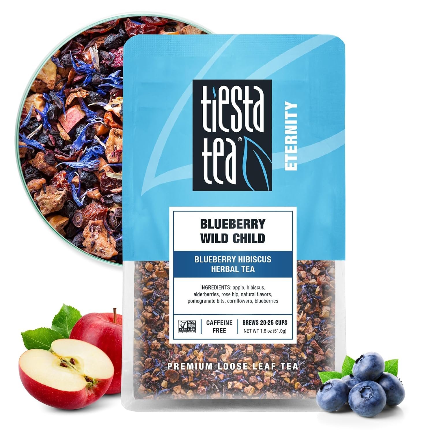 Tiesta Tea Blueberry Wild Child, Loose Leaf, Blueberry Hibiscus Herbal Tea, Premium Non-Caffeinated Fruit Blend, Make Hot or Iced & Brews Up to 25 Cups, 1.8 Ounce Resealable Pouch