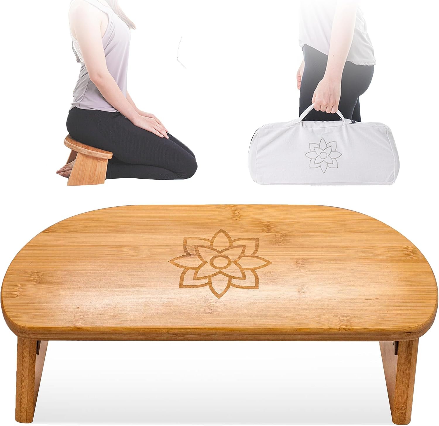 Mindful Modern Folding Meditation Bench – Bamboo Kneeling Stool with Locking Magnetic Hinges – Portable Cross Legged Folding Seiza Chair w/Travel Bag