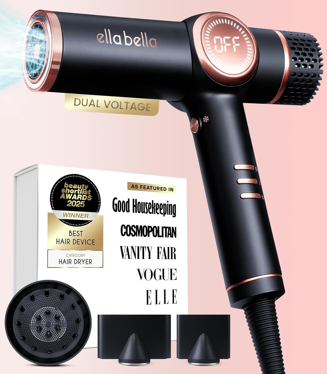 ELLA BELLA® Professional Ionic Hair Dryer with Diffuser Dual Voltage • Negative Ion Blow Dryer • Suitable All Hair Types • Intelligent Heat Control & Rapid Drying Speeds • Low Noise Lightweight Design