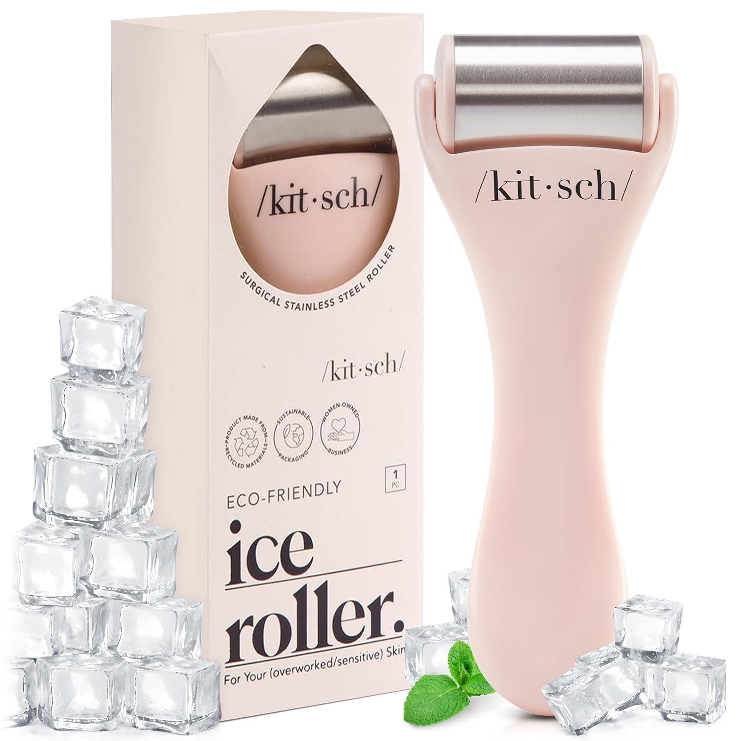 Kitsch Ice Roller for Face – Stainless Steel Ice Face Roller to Reduce Puffiness, Redness & Headaches – Cooling Facial Roller for Skin Care, Irritation Relief & Spa-Like Experience at Home-Pink
