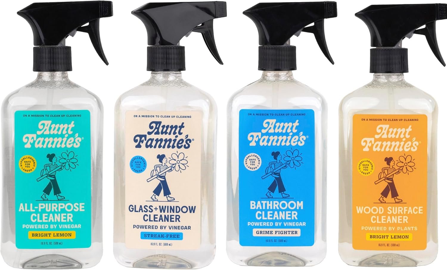Aunt Fannie’s Cleaning Spray Variety Pack, Lemon All Purpose Vinegar, Glass & Window, Bathroom, and Wood Surface Cleaner, 16.9 oz each, Pack of 4