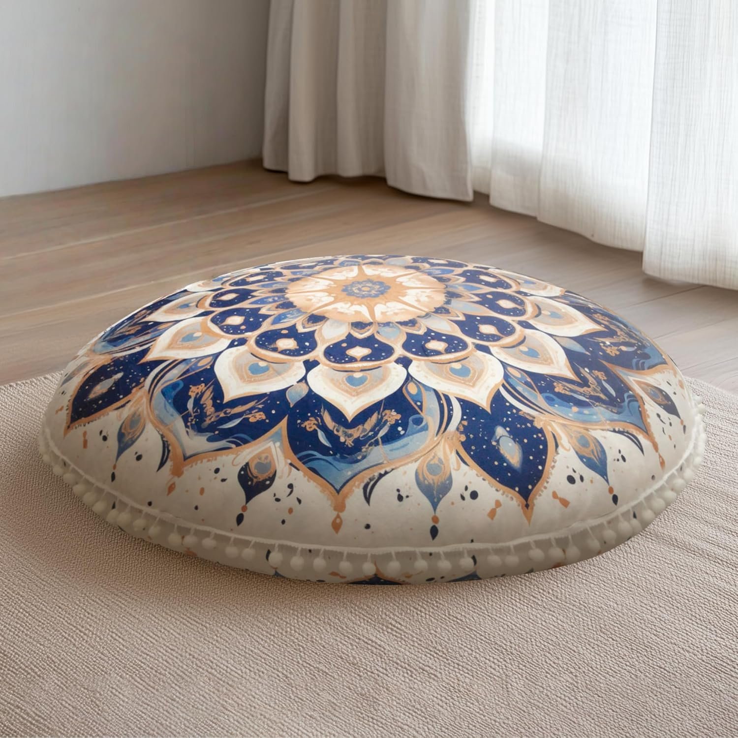 Meditation Cushion 32 Inch Round, Large Floor Pillow Seating for Adults, Bohemian Mandala Yoga Cushion, Extra Thick Memory Foam Removable Washable Cover, Ideal Gift & Holiday Decor, Blue