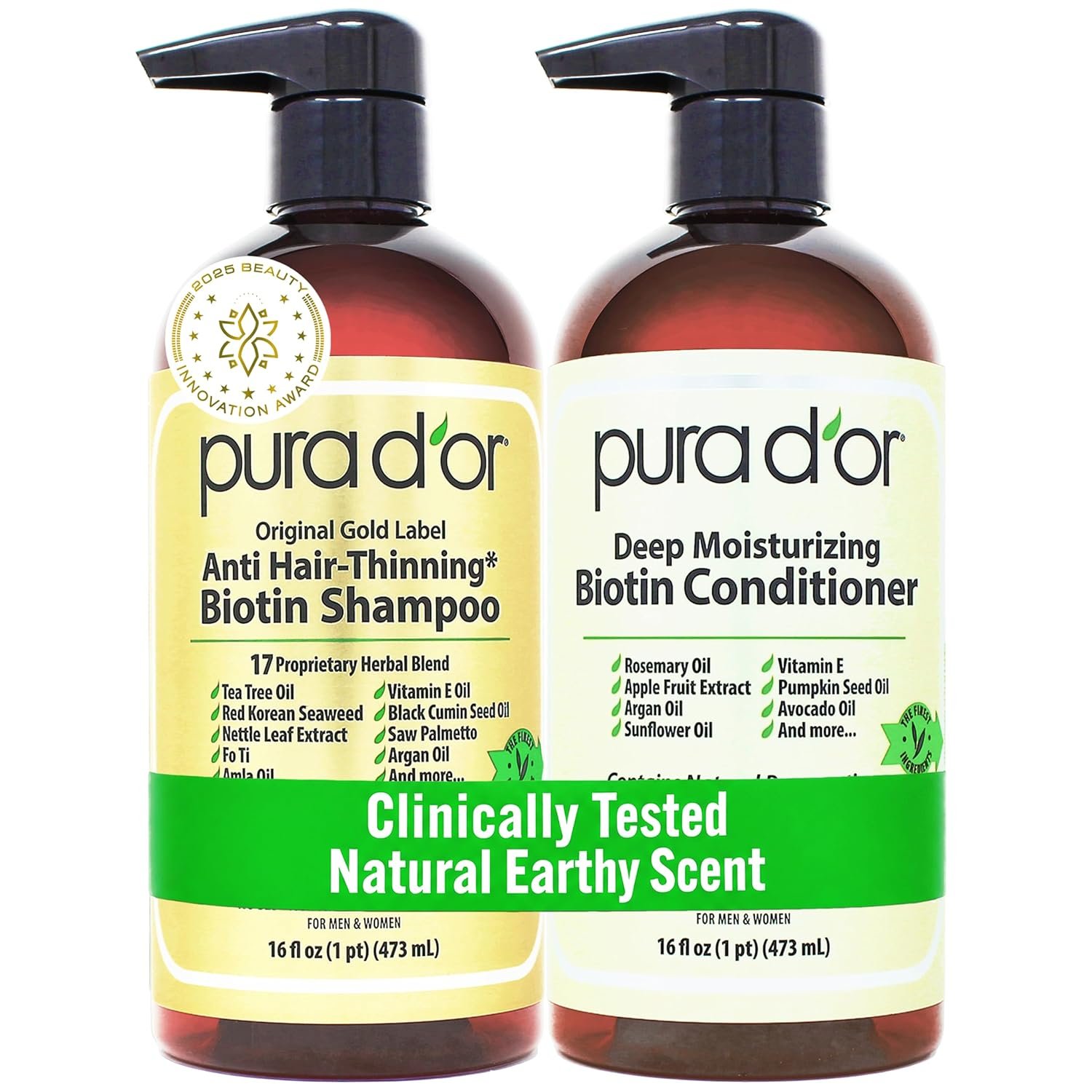 PURA D’OR Anti-Thinning Biotin Shampoo & Hair Regrowth Conditioner, CLINICALLY TESTED Effective Results, Thickening Herbal Blend For Women & Men, Original Gold Label Set, Natural Earthy Scent, 16oz x2