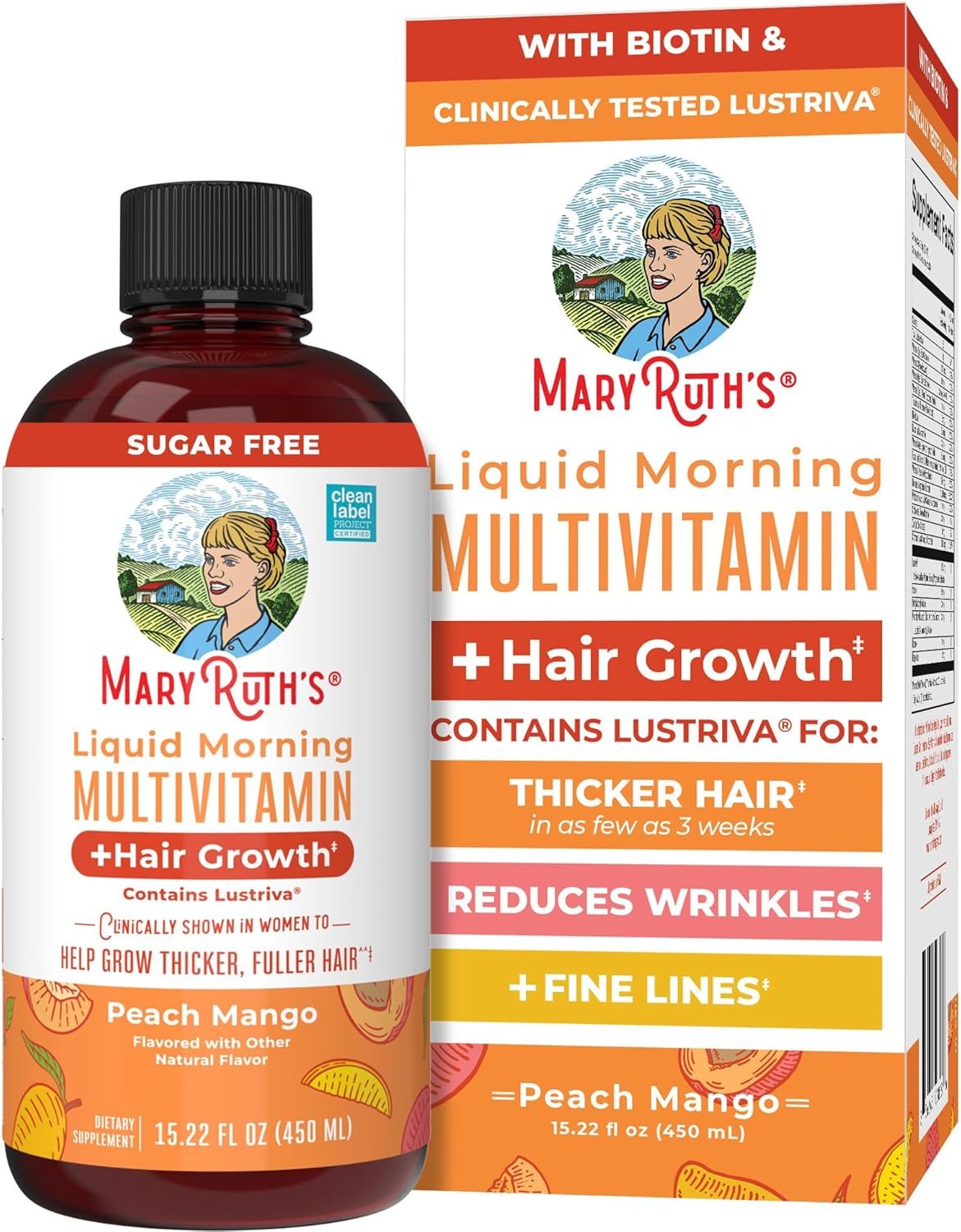 MARYRUTH’S Liquid Multivitamin + Hair Growth | Clinically Tested in Women for Thicker Hair & Facial Wrinkles | Biotin 10000mcg | Lustriva Hair Growth Supplements | Skin Care | Ages 18+ | 15.22 Fl Oz