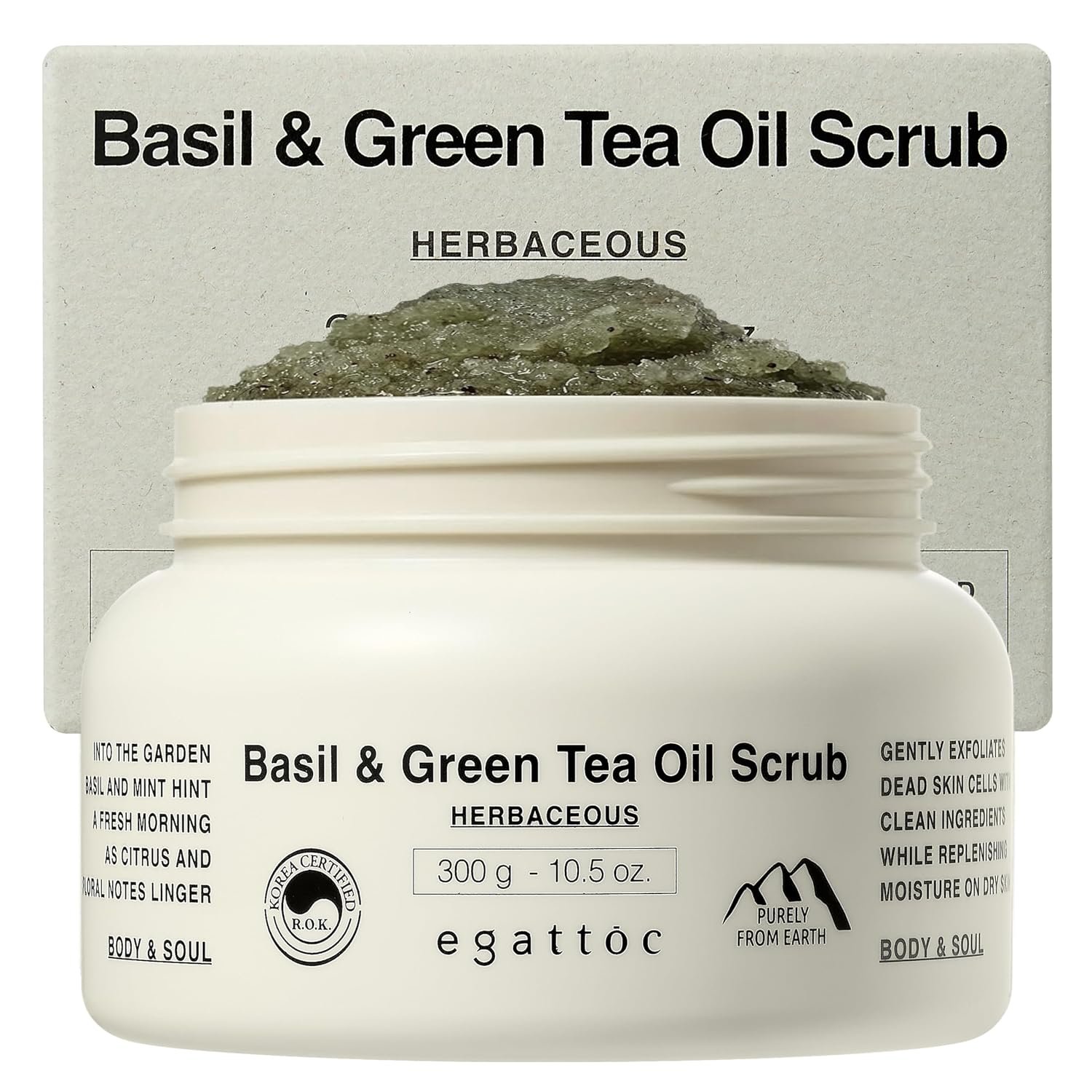 Exfoliating Body Scrub for Sensitive Skin, Basil & Green Tea Oil Sugar Scrub with Himalayan Salt, Soothing BHA LHA Body Polish & Body Exfoliator, Mugwort & Oat, Green Citrus Scent, 10.5 oz