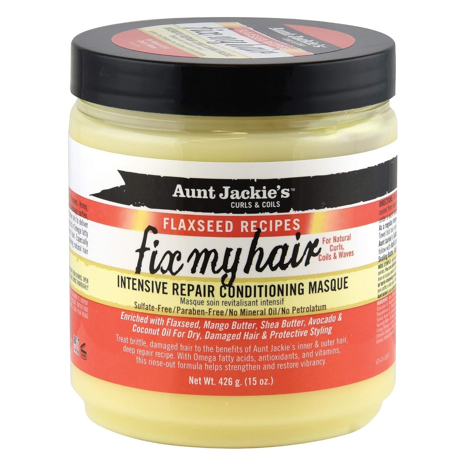 Aunt Jackie’s Flaxseed Recipes Fix My Hair, Intensive Repair Conditioning Masque, Helps Prevent and Repair Damaged Hair, 15 Ounce jar