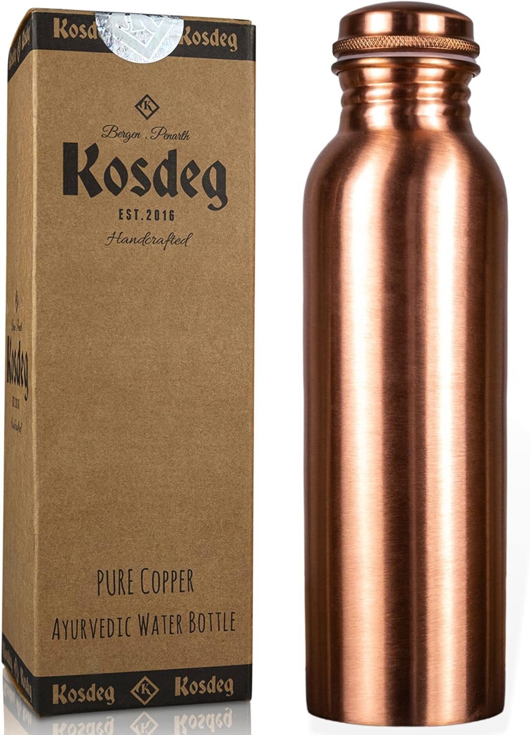 Kosdeg Copper Water Bottle – 34oz Smooth Design – A Handcrafted Ayurvedic Pure Copper Vessel For Drinking – Drink More Water, Lower Your Sugar Intake And Enjoy The Health Benefits
