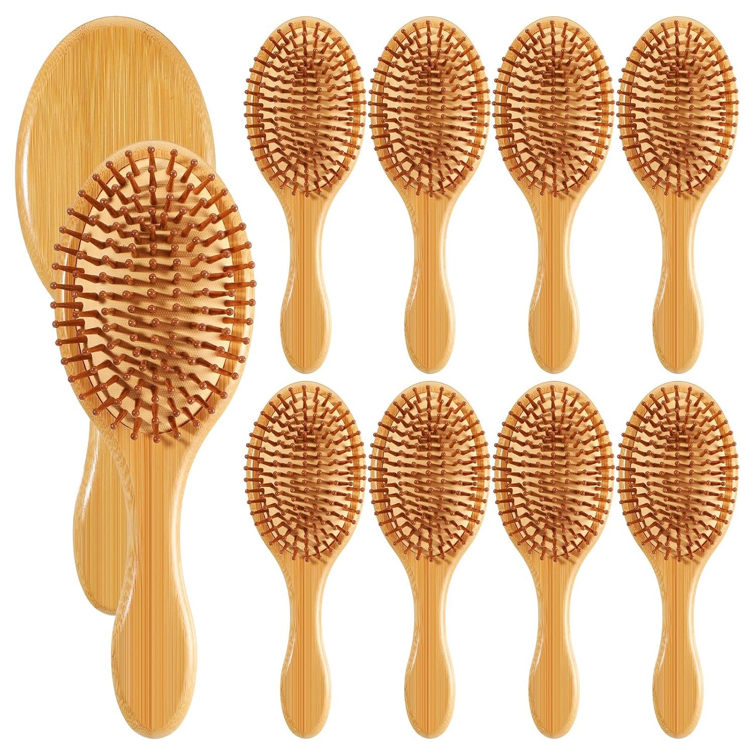 10 Pcs Bamboo Hair Brush, Bulk Natural Wooden Paddle Brush Round-tipped Bamboo Bristles Lightweight Massage Scalp Hair Combs for Women Men and Children, Stimulates Scalp for Hairs Growth