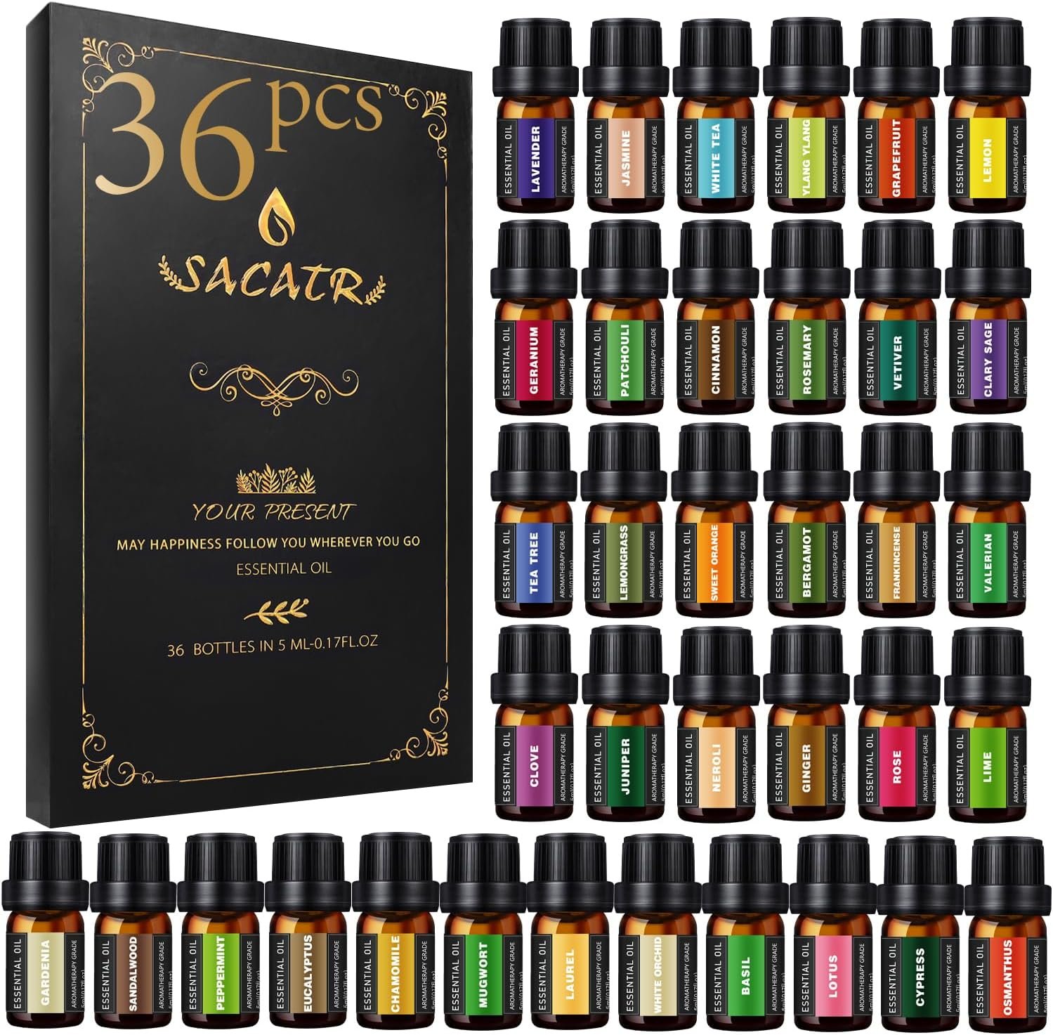 SACATR 36 Pcs Natural Essential Oil Sets,Essential Oils for Diffuser, Humidifiers, Skin Care, Massage, Fragrance Oil Scent for DIY Candle and Soap Making, Gift for Friends (36 * 5ML)