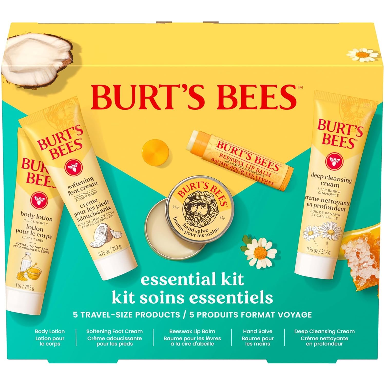 Burt’s Bees Mothers Day Gifts Ideas – Essentials Everyday Set, 5 Travel Size Products – Deep Cleansing Cream, Hand Salve, Body Lotion, Foot Cream and Original Lip Balm