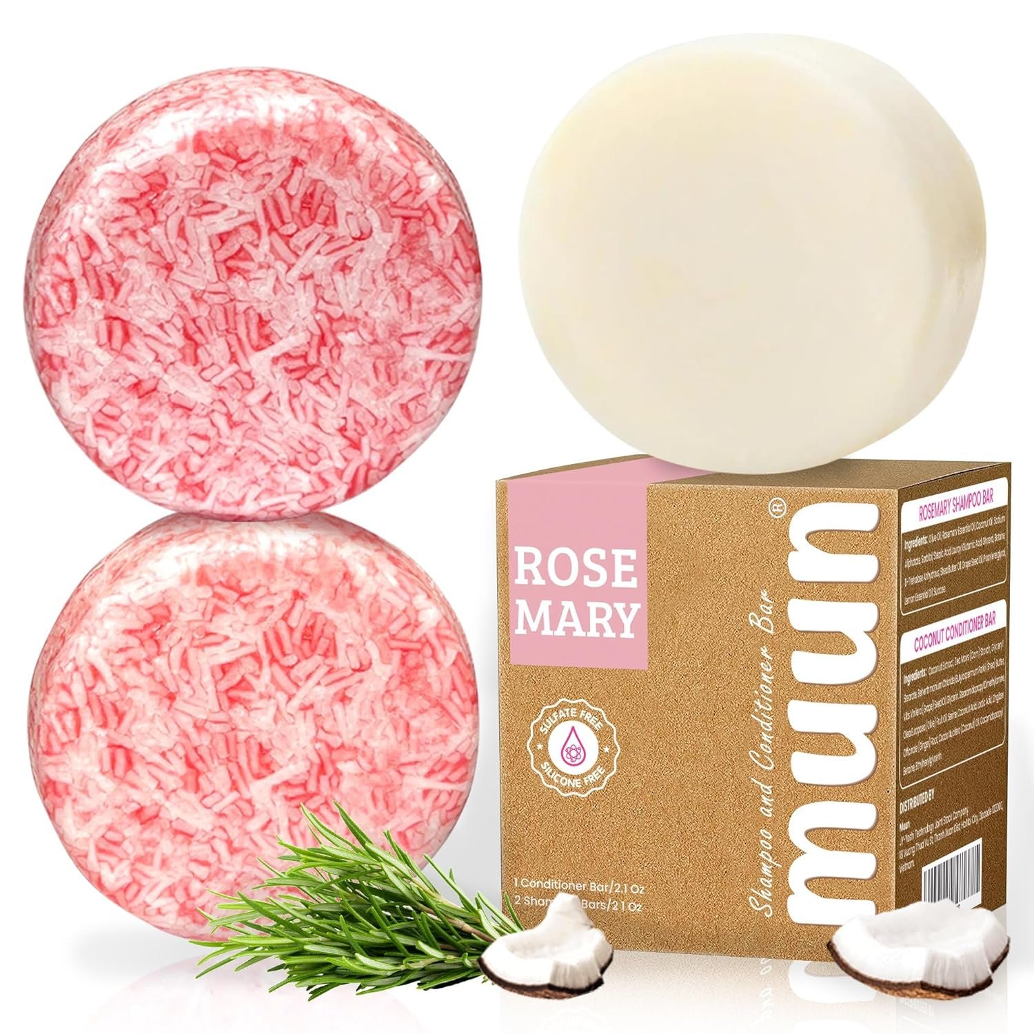 Muun Rosemary Shampoo and Conditioner Bar Set 3 – Natural Solid Hair Growth Soap Bars for Women with Straight, Curly or Thinning Hair for Anti-Hair Loss, Regrowth, pH Balanced, Sulfate & Silicone Free