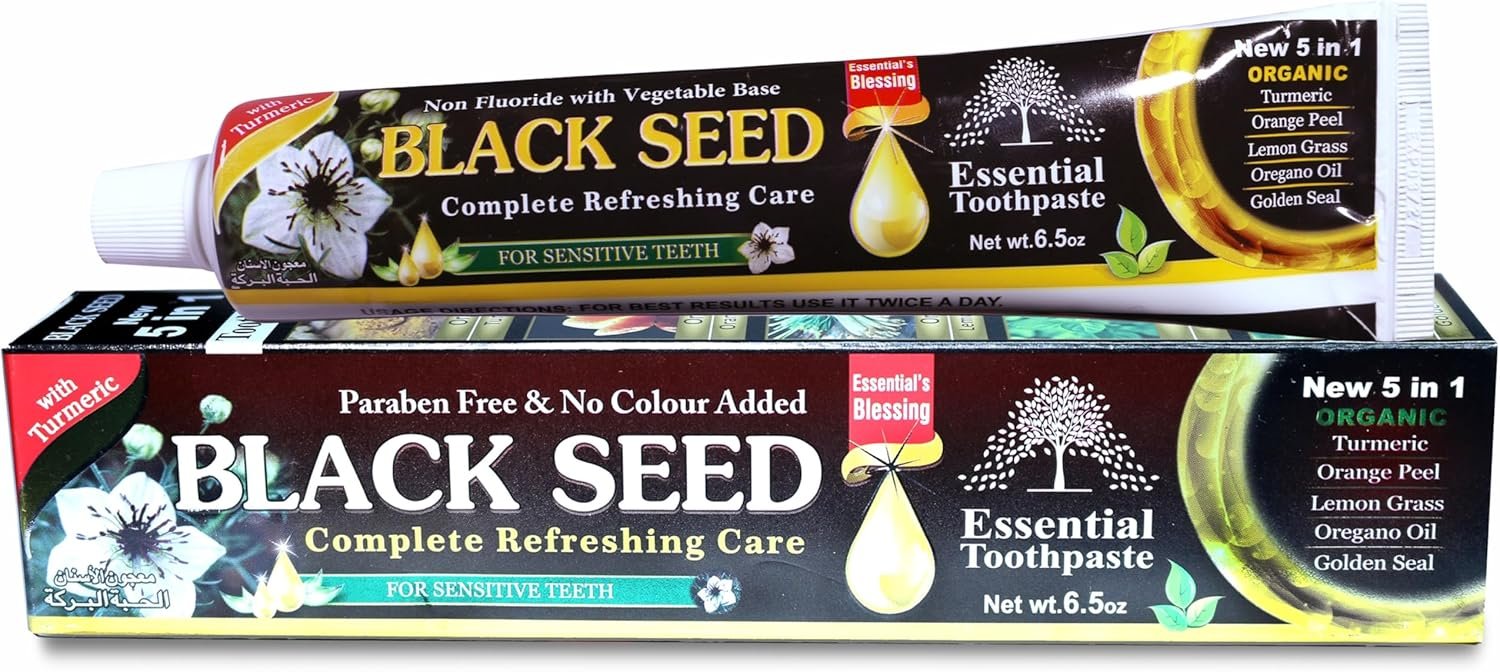 Organic Black Seed Essential Toothpaste 5 in 1 100% Fluoride Free & Vegetable Base for Sensitive Teeth.