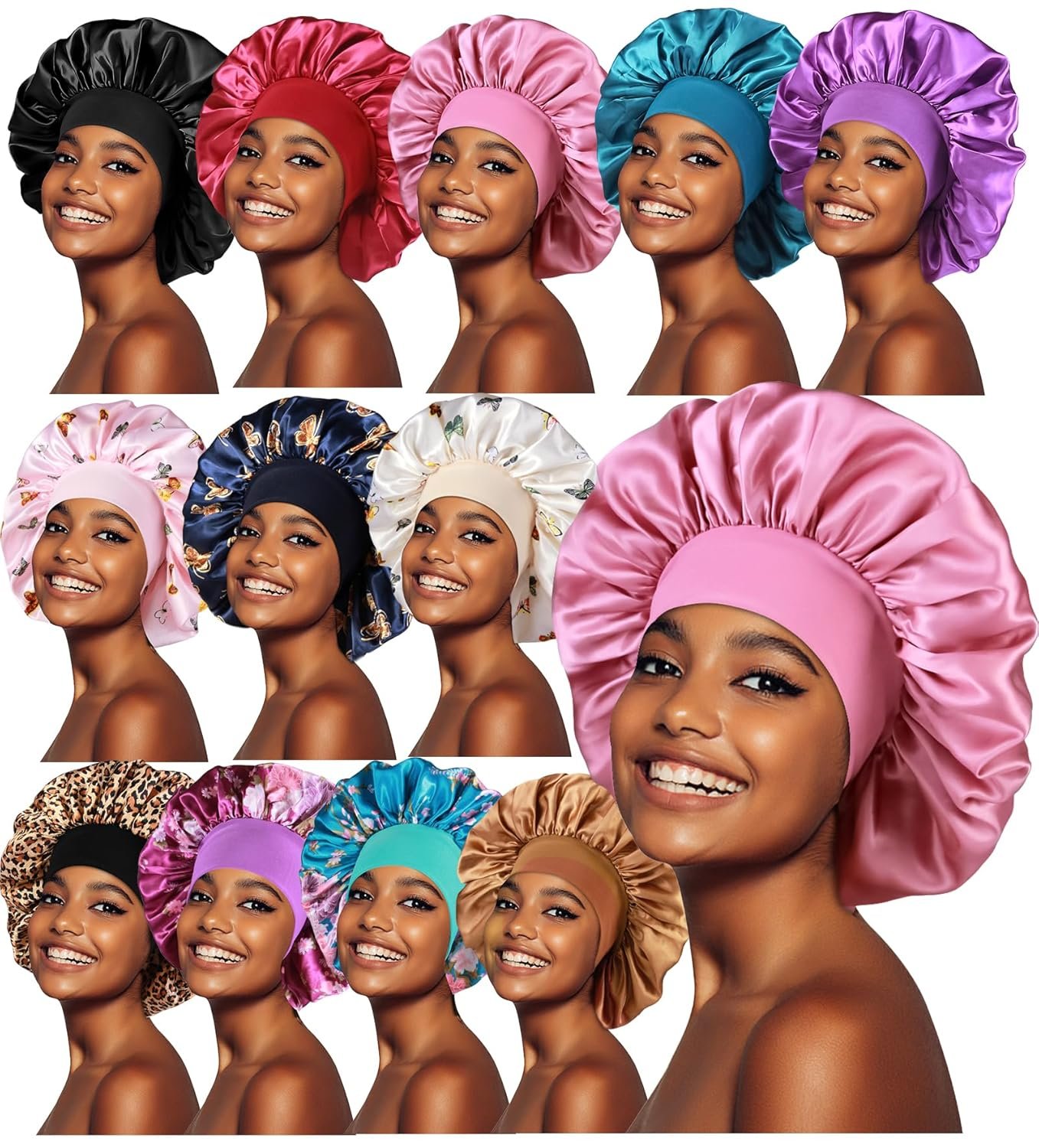 12pcs Large Satin Bonnets for Sleeping, Silky Hair Bonnet for Women Braids