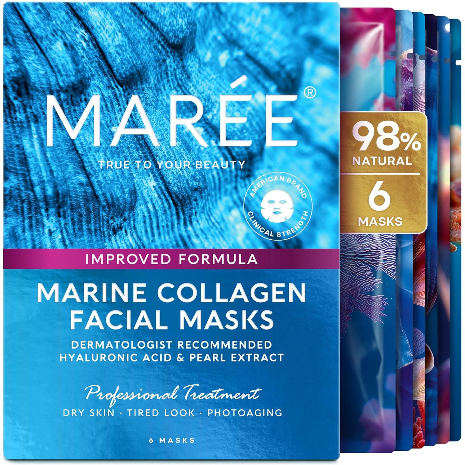 MAREE Collagen Facial Mask with Hyaluronic Acid — Sheet Face Mask Skincare — Centella Asiatica, Green & Red Algae Extract — Hydrating Facemask For Women Skin Care — Mascarillas Para La Cara — 6 Count