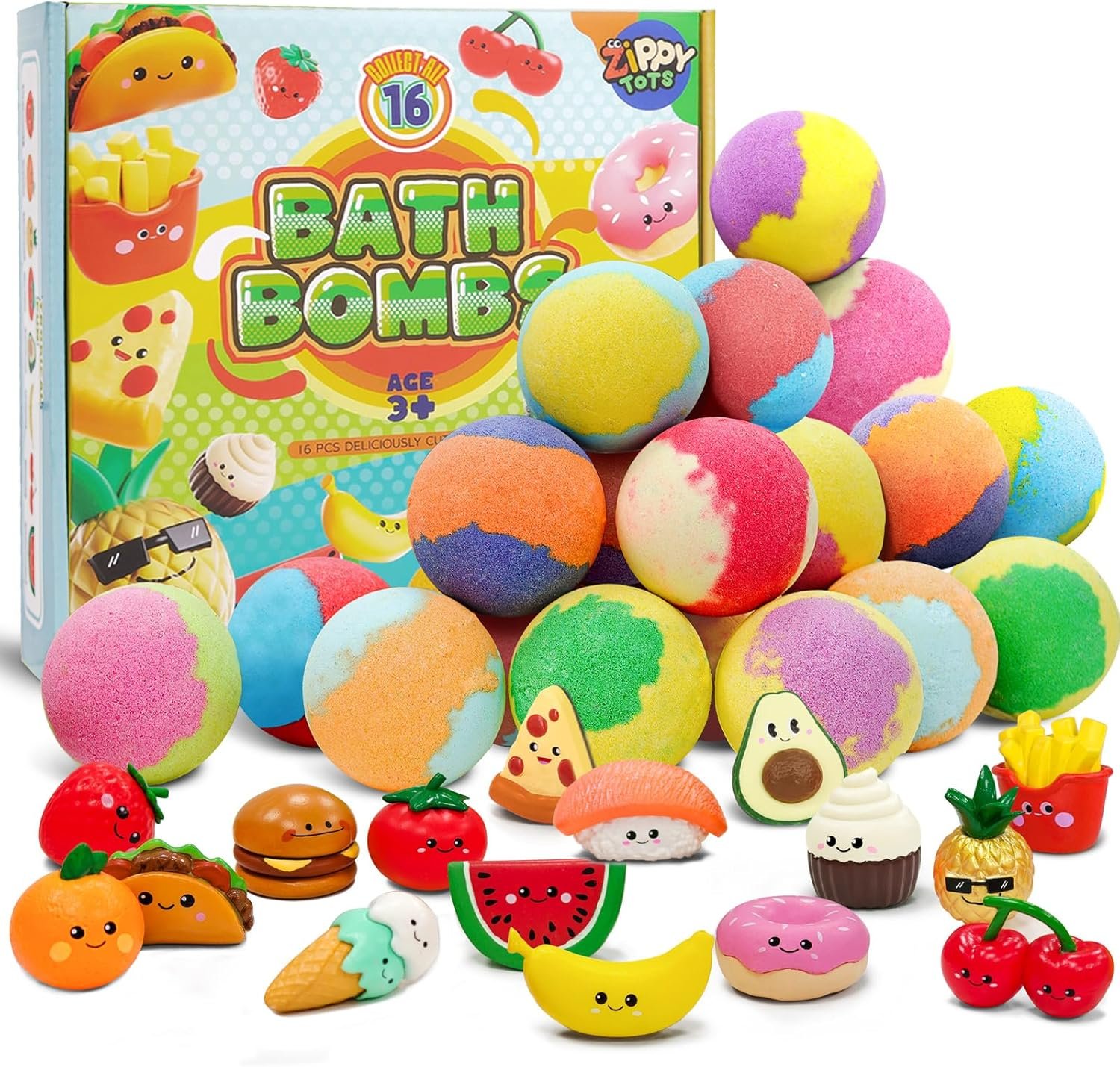 Zippytots Kids Bath Bombs with Food Toys Inside, 16 Pack Colorful Surprise Bath Fizzies Set, Organic Fizzy Bubble Bath Bombs for Girls & Boys, Ages 3+