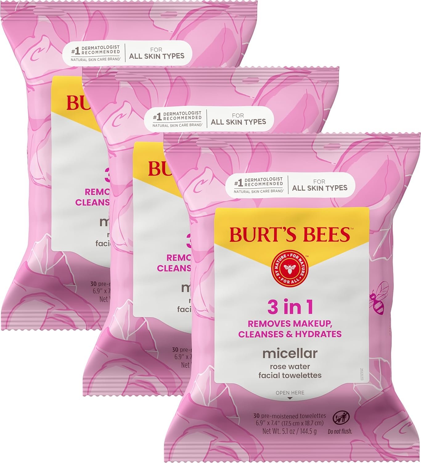 Burts Bees Micellar Rose Water Facial Towelettes, 100% Plant Based Cloth; 99% Natural Origin; Remove Makeup, Cleanse, Hydrate; No Greasy, Oily Residue; All Skin Types; 30 Ct, Pack of 3 (Pack May Vary)