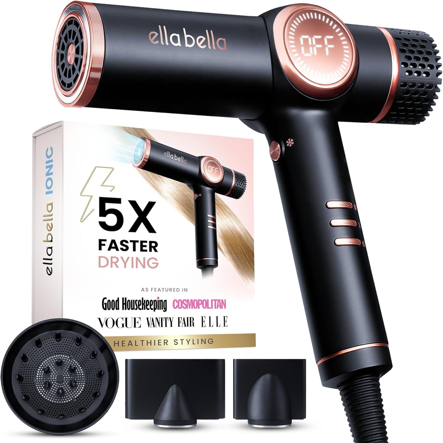 ELLA BELLA® Professional Ionic Hair Dryer with Diffuser • Negative Ion Blow Dryer • Suitable All Hair Types • Intelligent Heat Control & Rapid Drying Speeds • Lightweight Design • Low Noise Technology