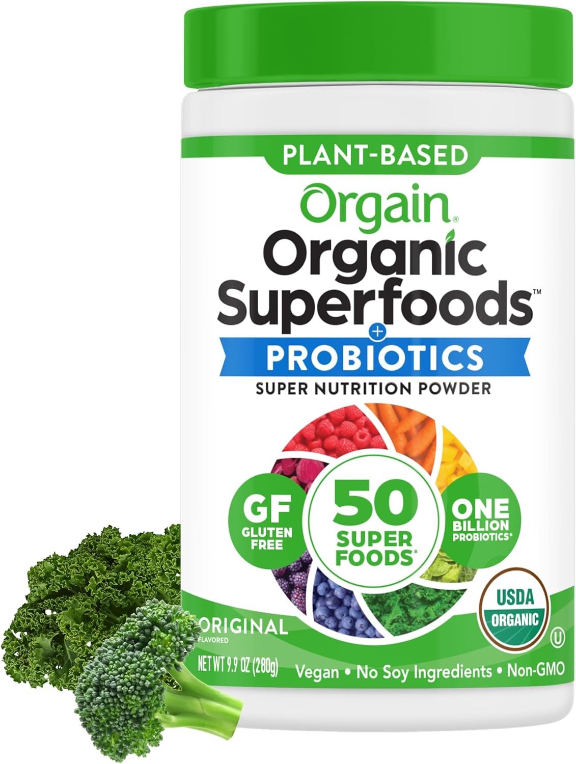 Orgain Organic Greens Powder + 50 Superfoods, Original – 1 Billion Probiotics for Digestive Health, Antioxidants, Vegan, Plant-Based, Gluten-Free, Non-GMO, Green Juice & Smoothie Drink Mix – 0.62lb