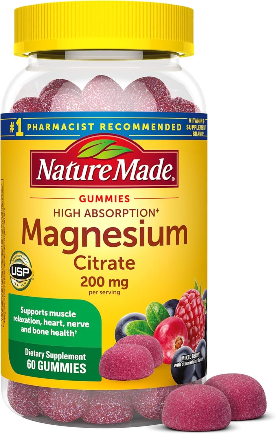 Nature Made High Absorption Magnesium Citrate 200 mg per serving, Magnesium Supplement for Muscle, Nerve, Bone and Heart Support, 60 Magnesium Gummies, 30 Day Supply