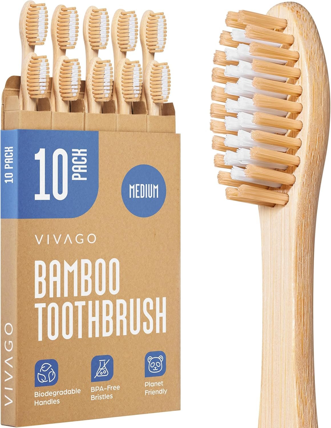 VIVAGO Bamboo Toothbrushes Medium Bristles 10 Pack – BPA Free Medium Bristles Toothbrushes for Adults – Eco-Friendly, Natural Wooden Toothbrush