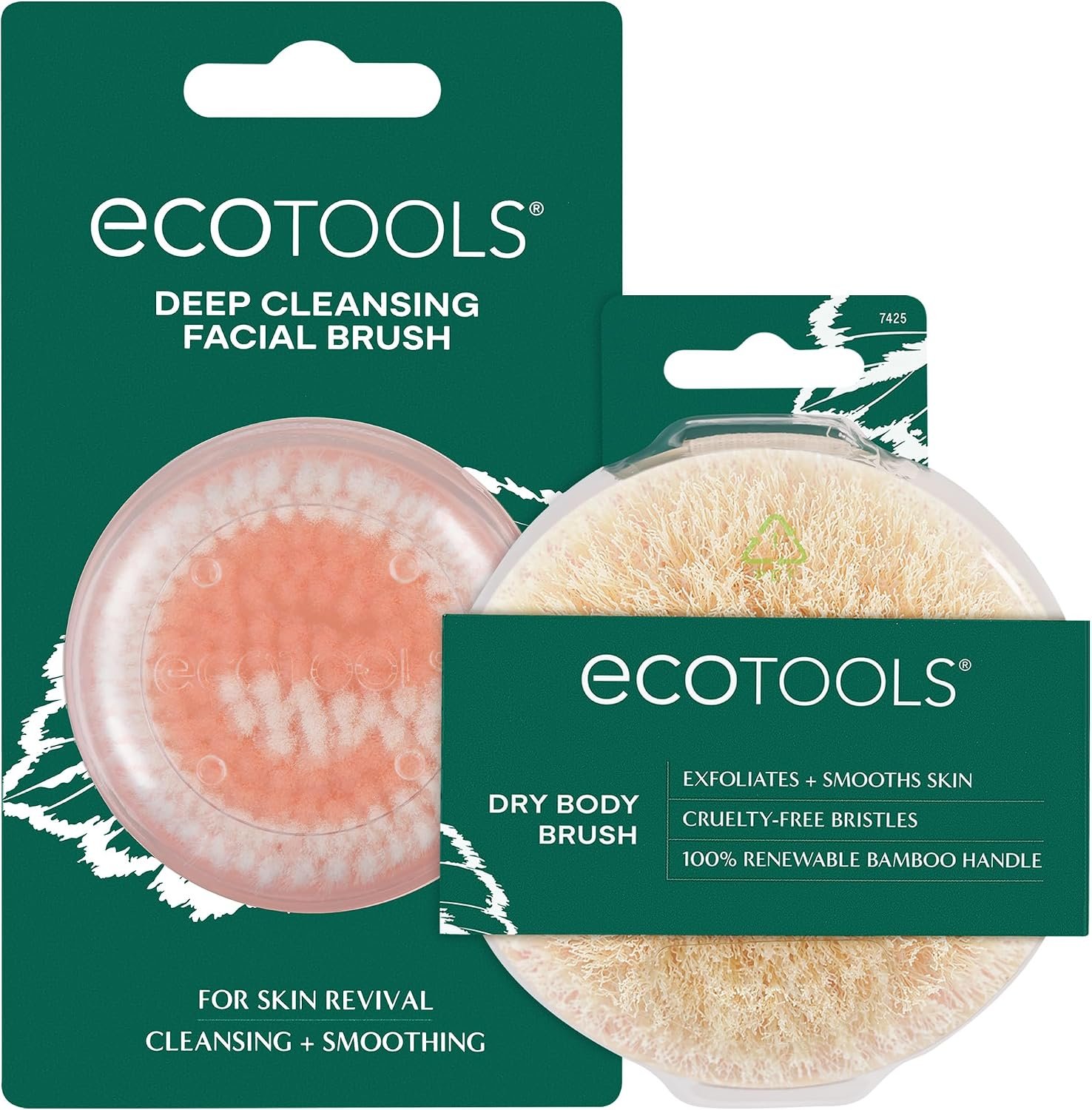 EcoTools Deep Cleansing Facial Brush, Makeup Remover Tool + Dry Brushing Body Brush for Circulation, Cellulite Massage, Dead Skin Removal, Self-Care Gifts, Natural Beige, Synthetic