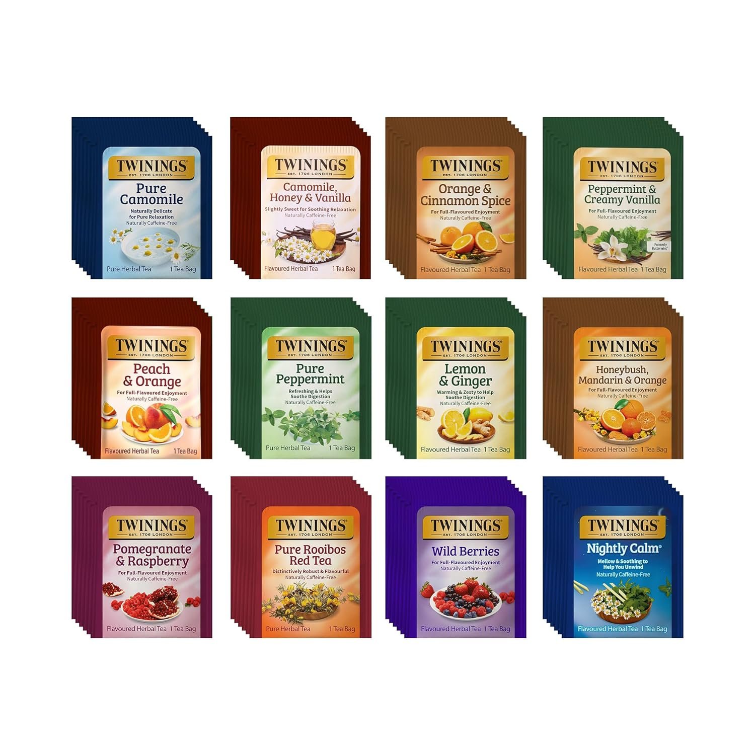 Twinings 48 Tea Bags Herbal Variety Pack – 12 Herbal Flavors, Caffeine-Free, Individually Wrapped, Perfect Tea for Any Occasion