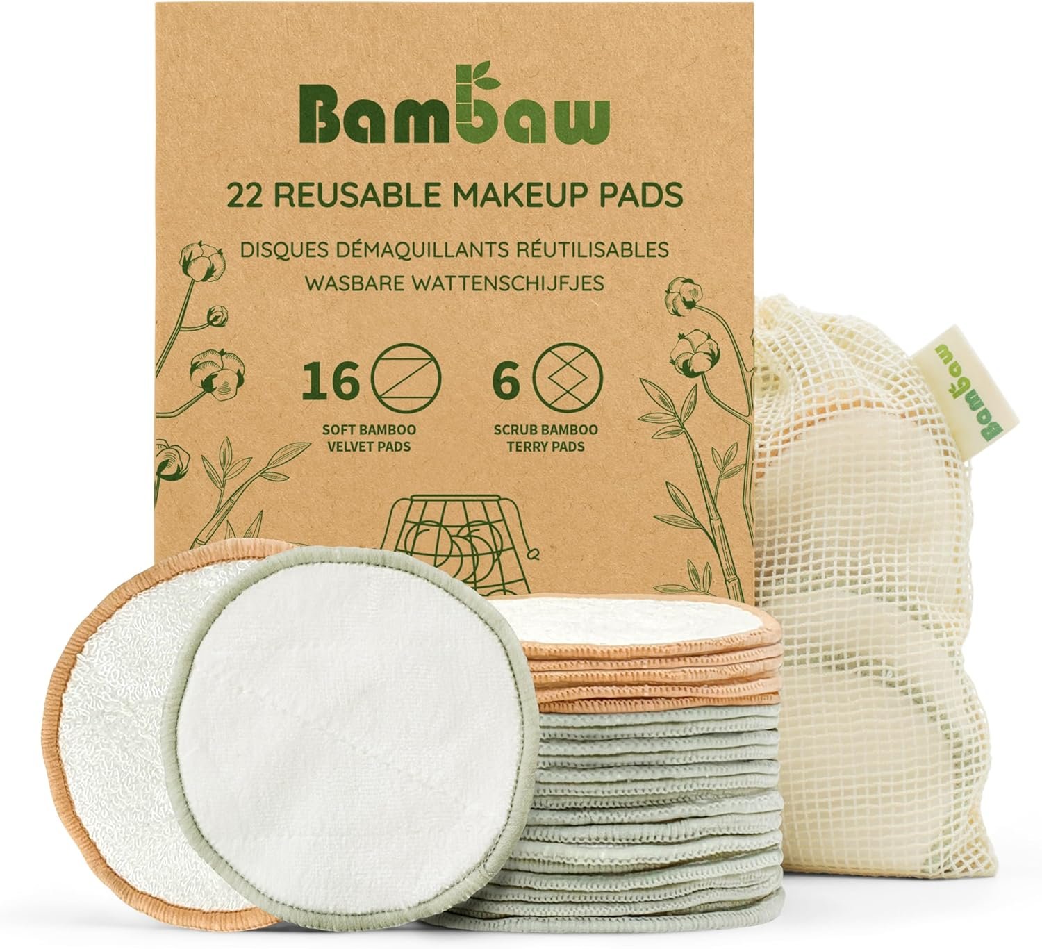 Bambaw Reusable Makeup Remover Pads, 22 Face Rounds with 1 Bag for Laundry & Storage, Washable Cotton Rounds, Soft & Exfoliating Reusable Face Pads
