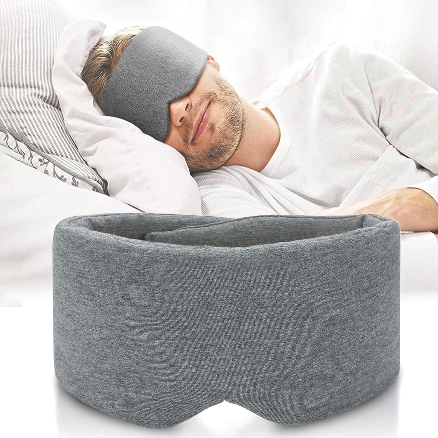 FRESHME Cotton Sleep Eye Mask for Men – Upgrade Design Blackout Side Sleeper Eyes Cover for Night Sleeping, Large Size Wide Soft Travel Airplane Blindfold with Adjustable Velcro Strap for Work Nap