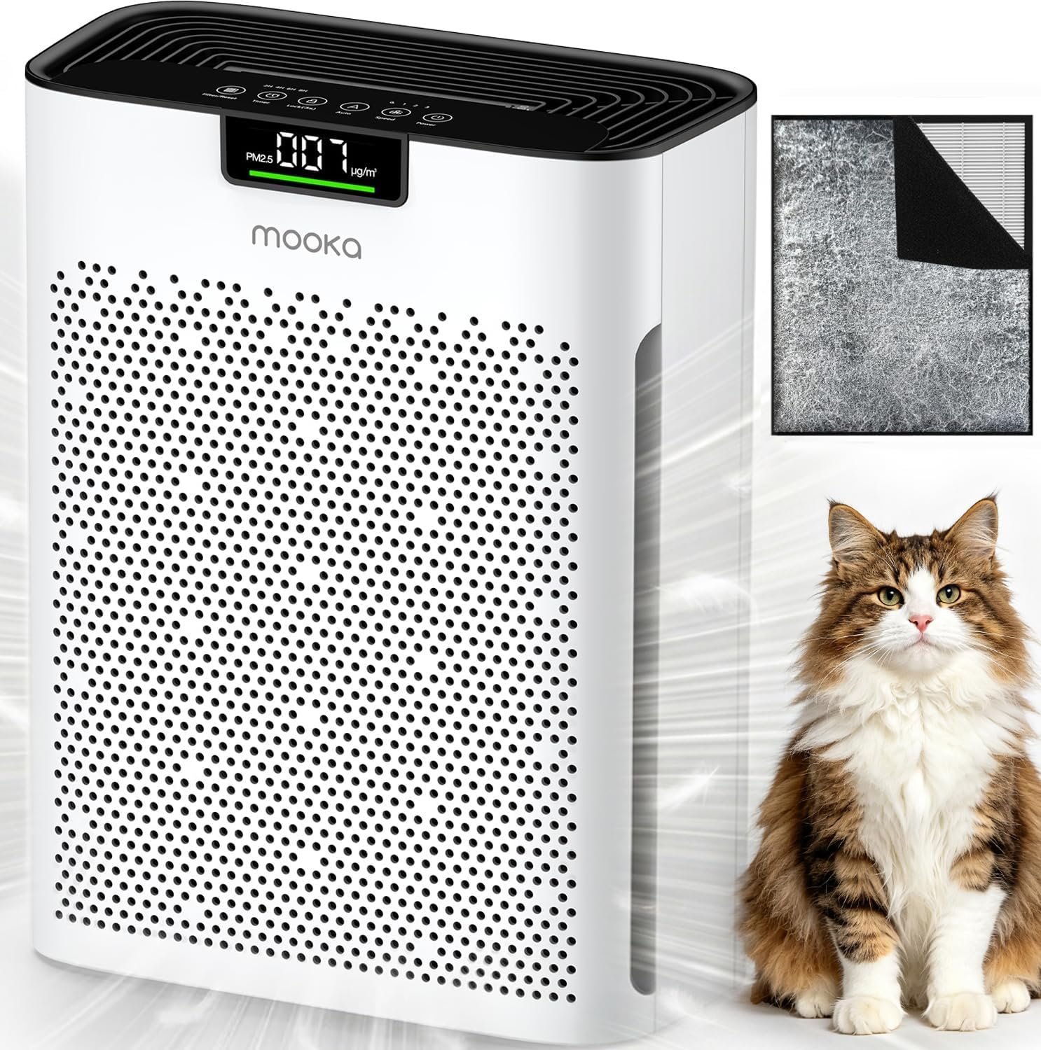 Air Purifier for Home Bedroom Large Room 2200 Ft², MOOKA H13 HEPA Air Cleaner with Washable Pre-filter, Air Quality Monitor, Air Purifiers for Pets Hair Smoke Pollen, Auto Mode, KJ190H White
