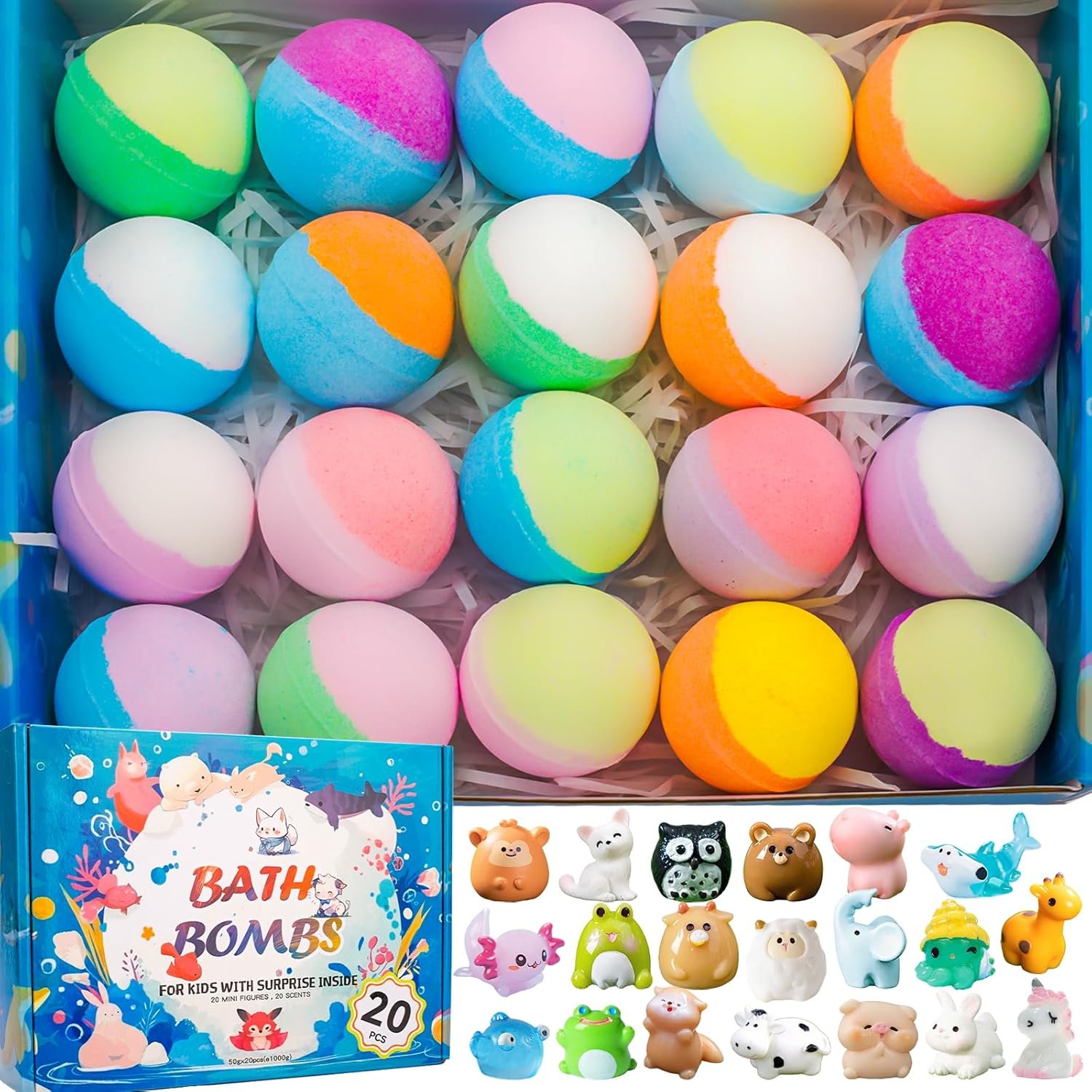 20 Pack Bath Bombs for Kids with Surprise Inside Bubble Bath Toys Organic Natural Bath Bombs Set Easter Basket Stuffers Birthday Christmas Gift for Kids 3 4 5 6 7 8 Years Old Boys Toddlers Girls
