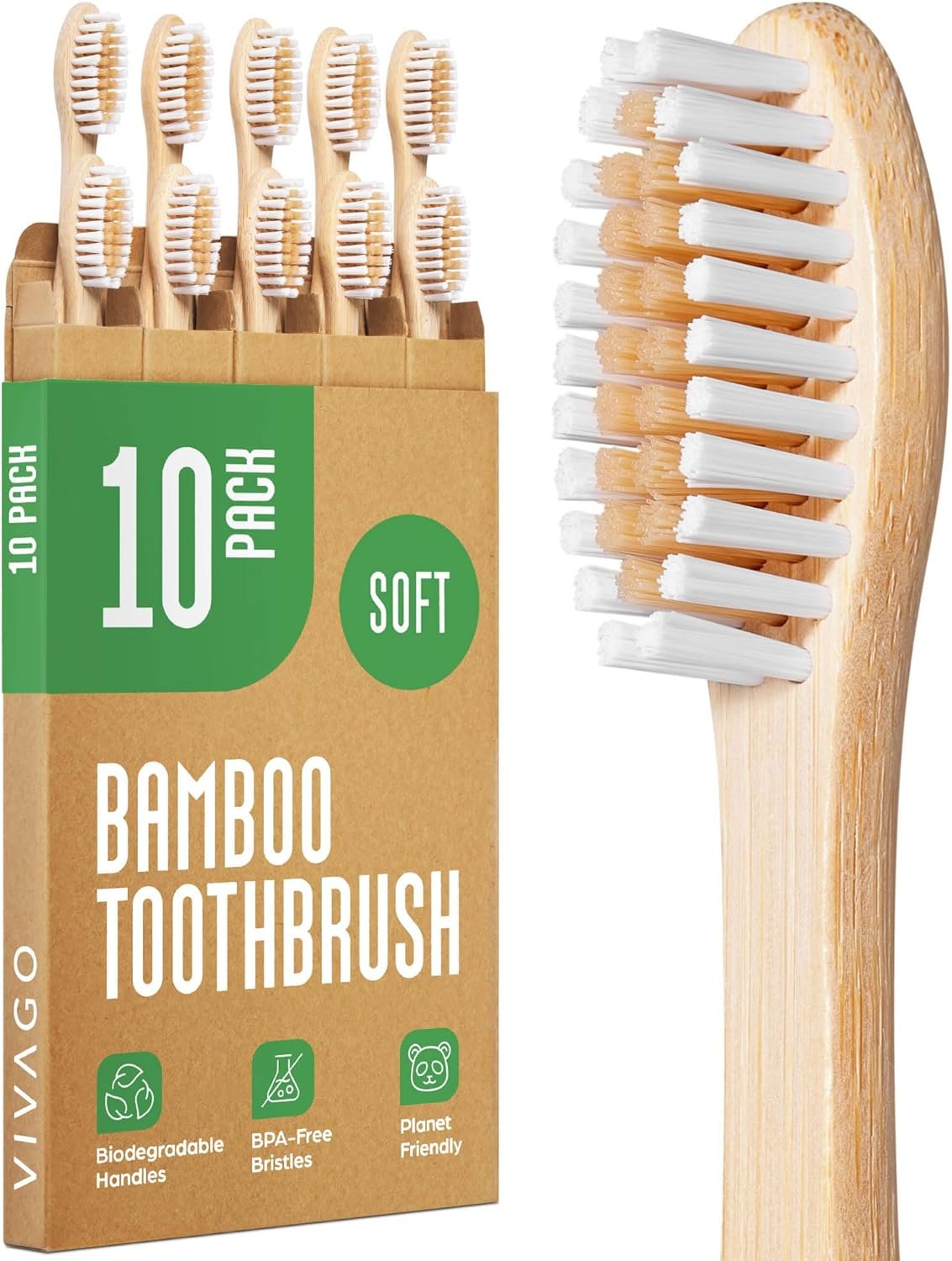 VIVAGO Bamboo Toothbrushes 10 Pack – BPA Free Soft Bristles Toothbrushes, Eco-Friendly, Natural Wooden Toothbrush