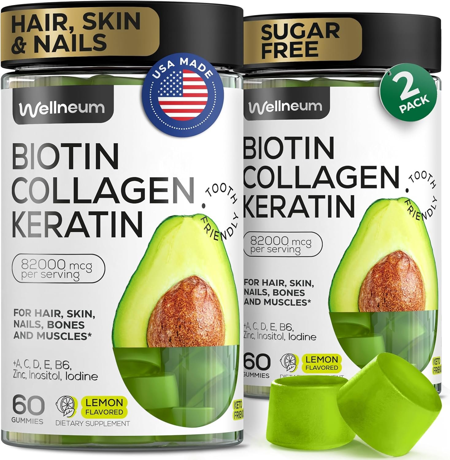 Biotin for Hair Growth Women/Men 12000mcg, Skin & Nails Support Gummies + 70000mcg Collagen Peptides (Collagen Powder in Gummy Form) + 20000mcg Keratin + Retinol, Sugar Free, 120 Gummies (2 Pack)
