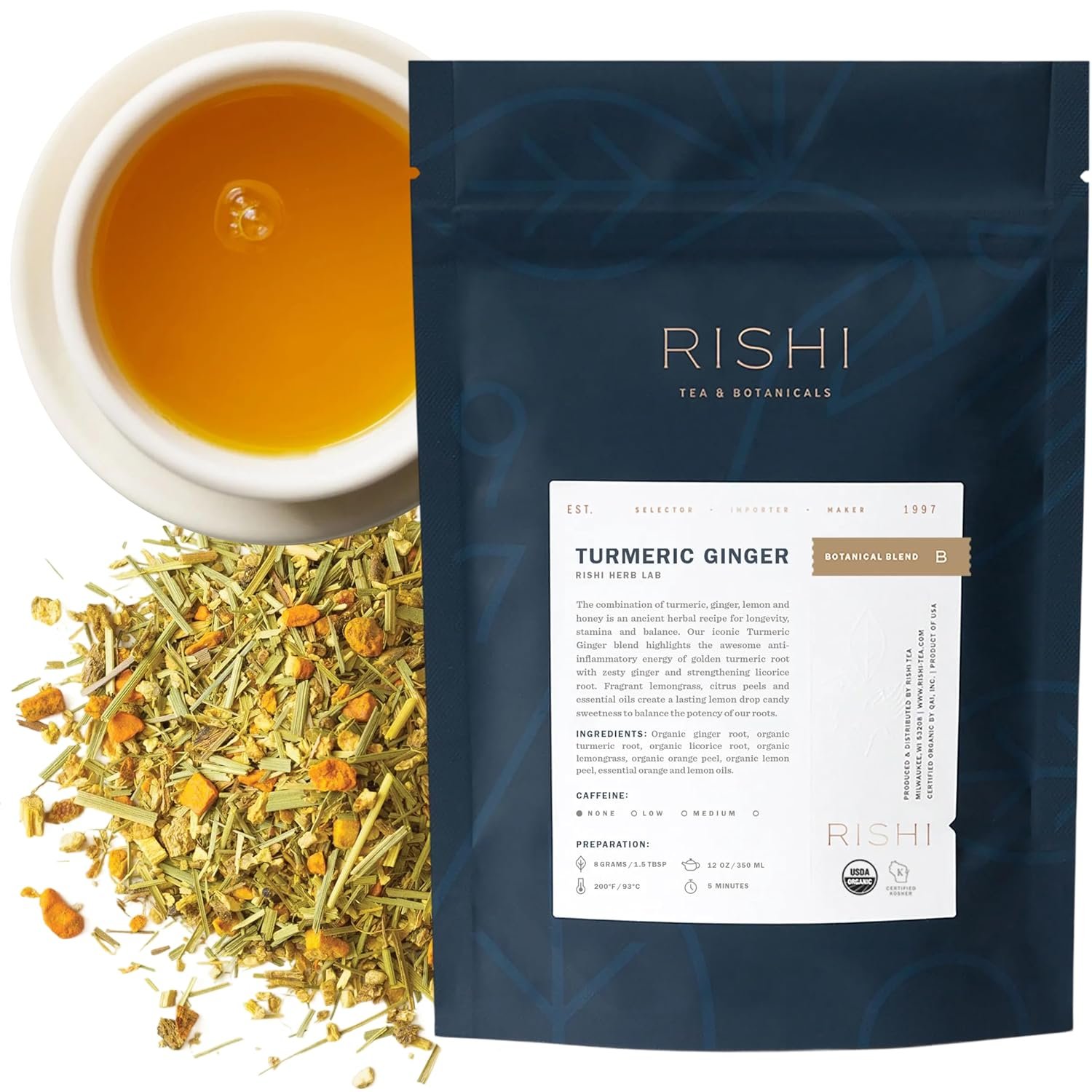Rishi Tea Turmeric Ginger Herbal Tea – Organic Loose Leaf, Caffeine Free Blend with Spicy Ginger & Citrus, Hot or Iced – 4 Ounces, 14+ Servings