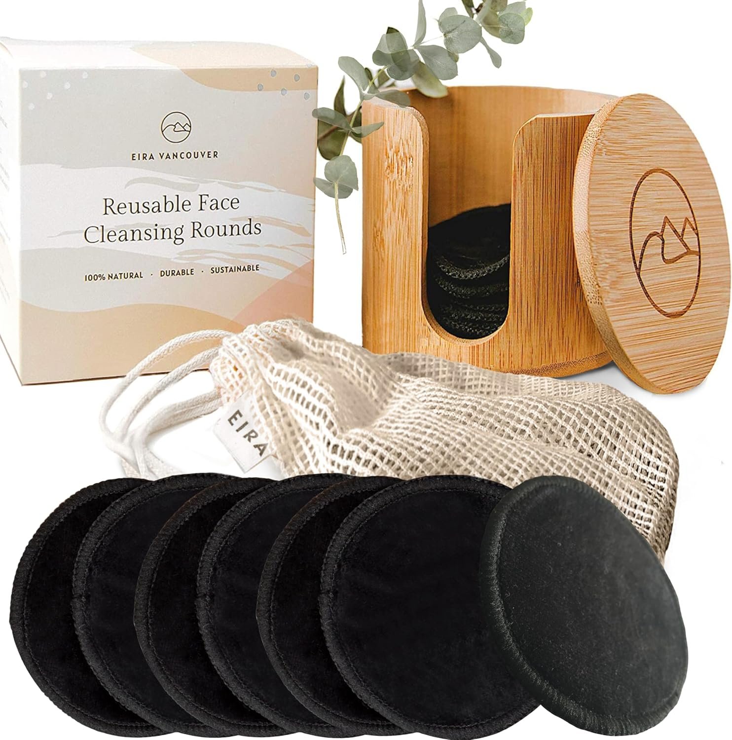 Reusable Makeup Remover Pads with Bamboo Holder – Washable Bamboo Cotton Rounds for Face, Toner & Sensitive Skin – Eco Friendly Zero Waste Skincare Set by EIRA