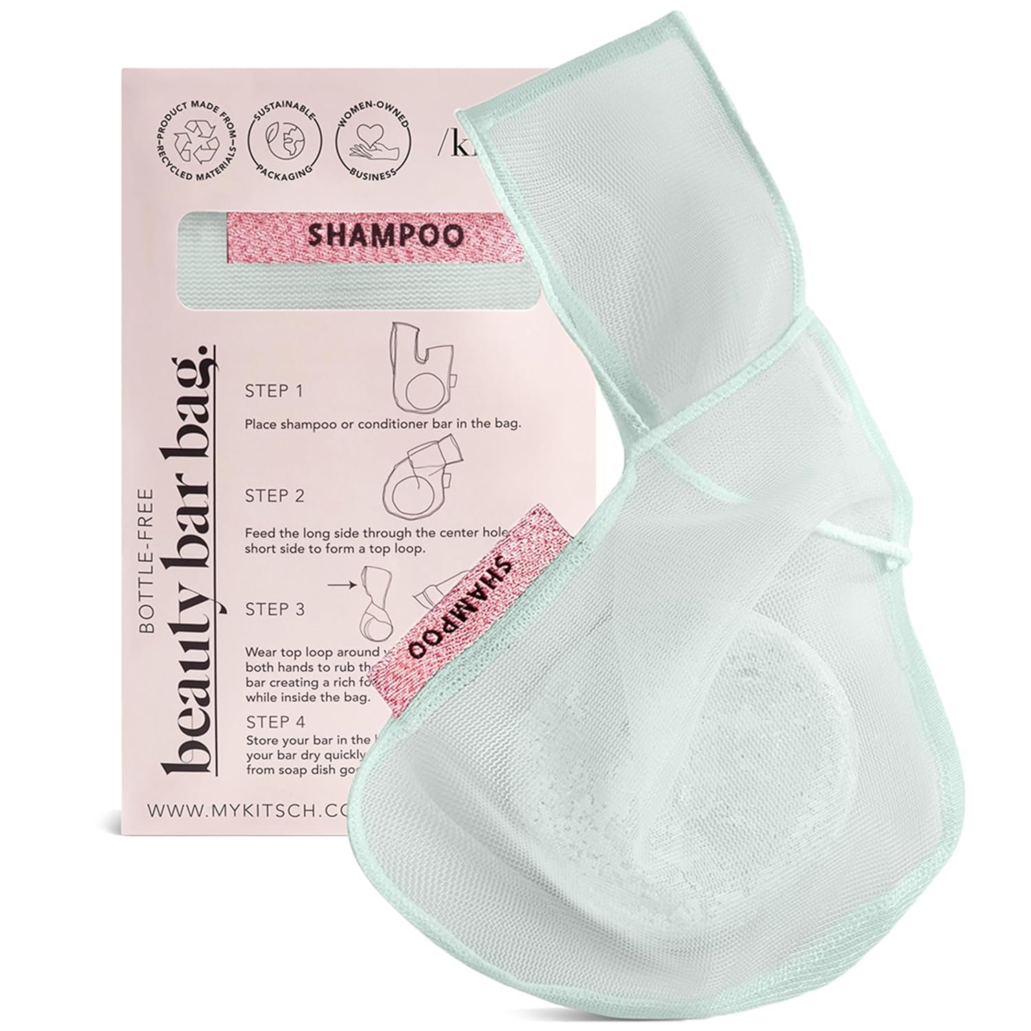 Kitsch Bar Soap Saver Pouch – Patented Mesh Soap Bag for Shampoo and Conditioner Bars – Extends Use & Prevents Soggy Mess – Recycled Beauty Bar Bag, Eco-Friendly – Mint