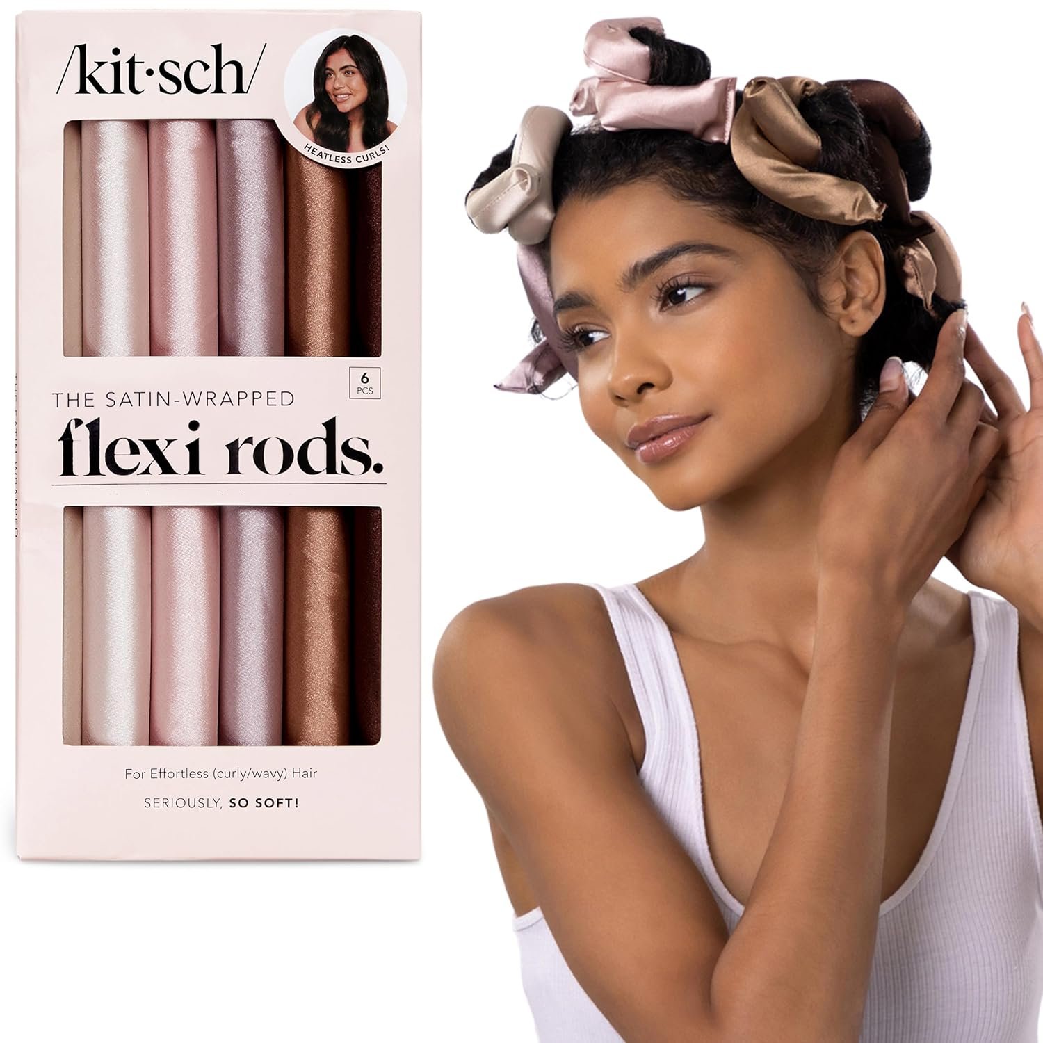 Kitsch Satin Hair Curlers, Heatless Curling Rod – Flexi Rod for Heatless Curls Overnight for Women, Comfortable Hair Curlers to Sleep In for Frizz-Free, No Heat Damage Styling – 6 pcs, Rosewood
