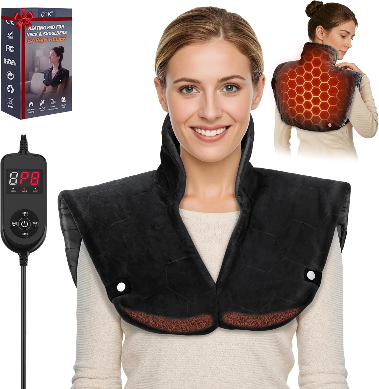 UTK 30s Fast Heating Pad, 6X Deeper Far Infrared Heating pad for Neck and Shoulders Pain Relief, 8 Heat Settings, 4H Auto-Off, Extra Large 24″x20″ with Adjustable Strap, Gifts for Women Men