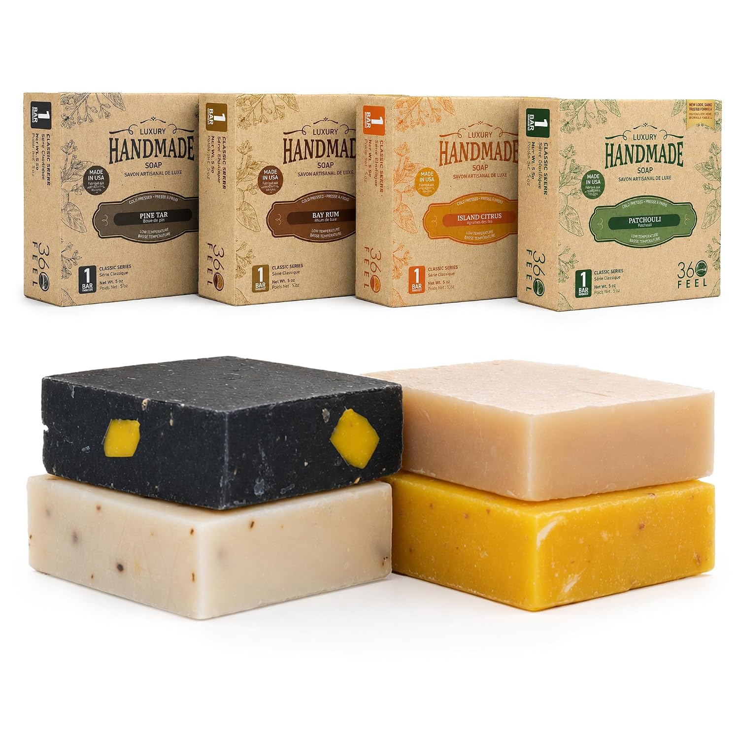 360Feel Mens Bar Soap – Made in the USA – Castile Handmade All Natural Cold Processed – Gentle on Sensitive Skin – 4 Bold Masculine Scents: Bay Rum, Pine Tar, Patchouli & Island Citrus (5oz, 4-Pack)