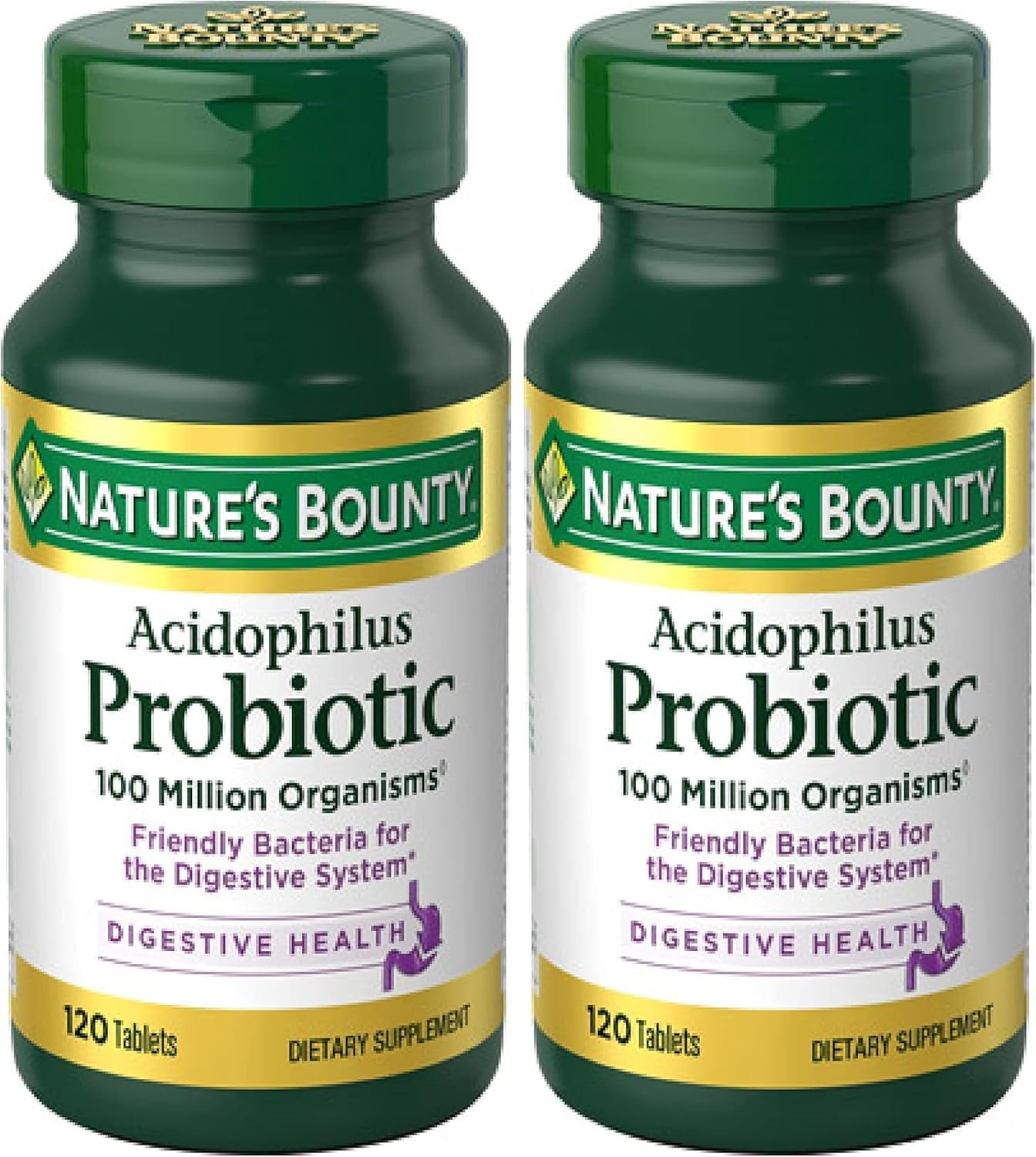 Nature’s Bounty Lactobacillus Acidophilus Probiotic Supplement – Daily Probiotic for Women/Men Digestive Health,100 Million Organisms,Vegetarian,1 Serving per Day,120 Tablets,(Pack of 2)
