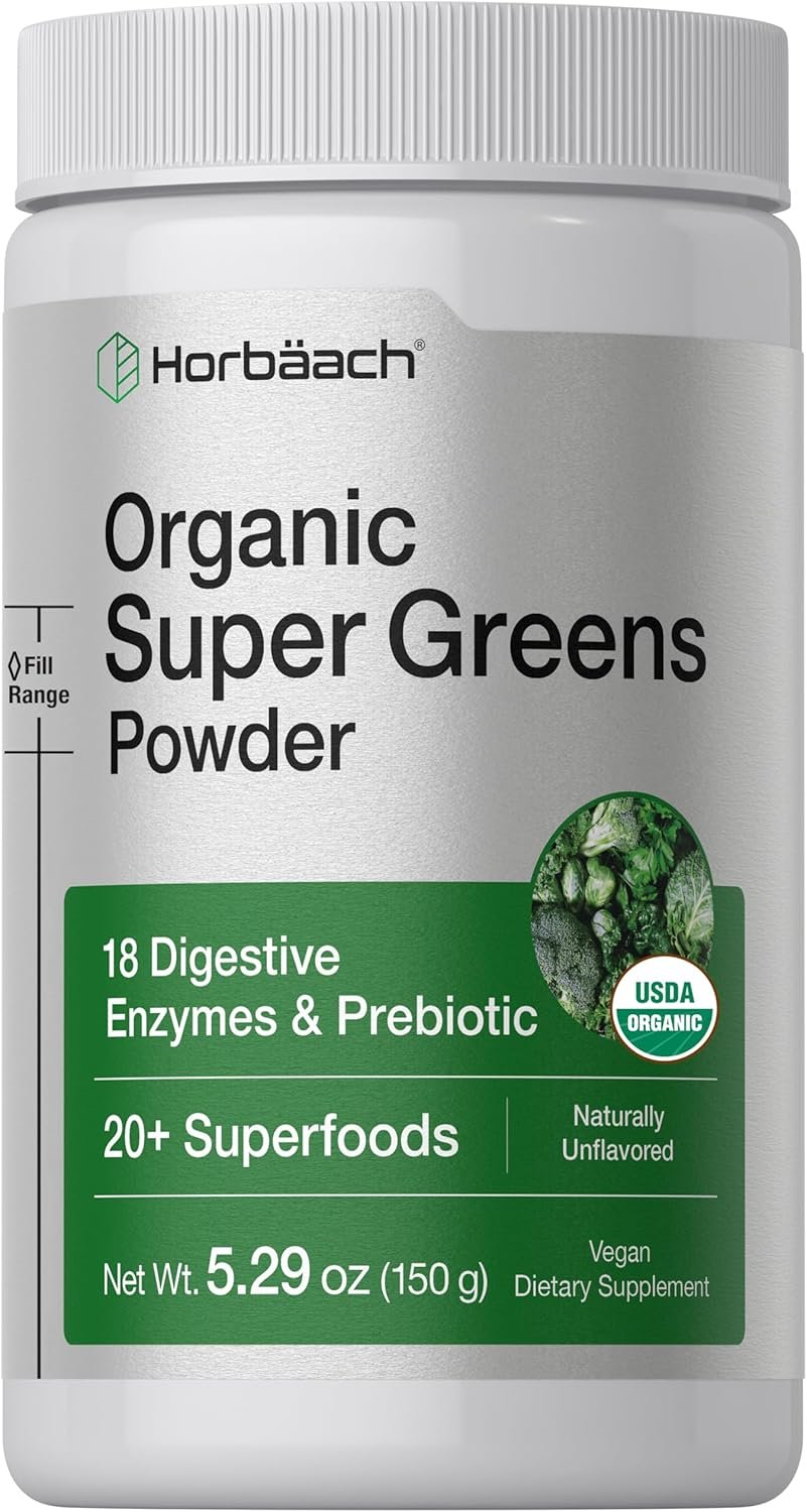 Horbäach Organic Greens Powder | 5.29 oz Supplement | with 20+ Superfoods, 18 Digestive Enzymes, and Prebiotics | Relieves Occasional Gas, Discomfort & Bloating | Vegan, and Non-GMO