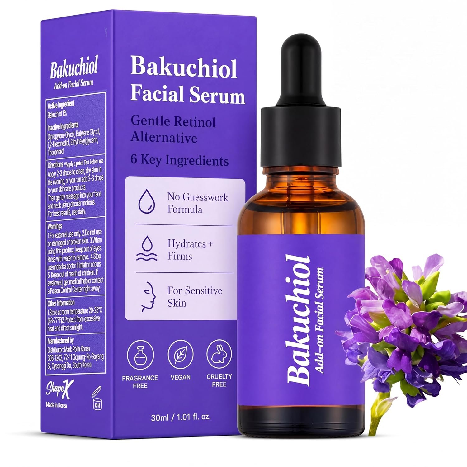 Korean Bakuchiol Oil Serum for Face – High-Potency Mix-in Concentrate – Bakuchiol Plumping Serum – Gentle Retinol Alternative for Wrinkle Care – Hydrating & Firming Anti-Aging Skincare 30ml