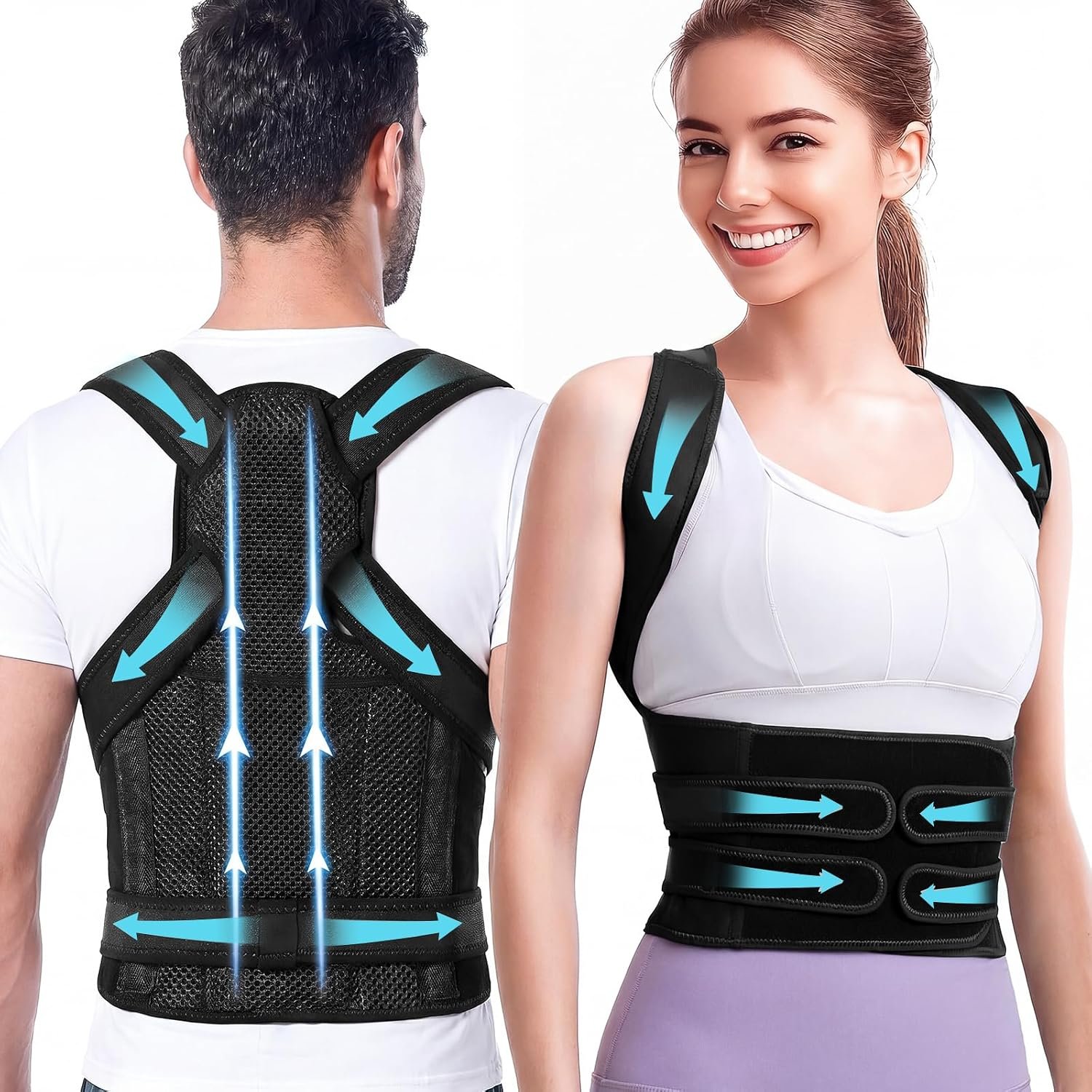 Posture Corrector for Men & Women, Full Back Support Brace, Adjustable Breathable Back Straightener with Resistance Band, Invisible Under Clothes for Office Work & Gym