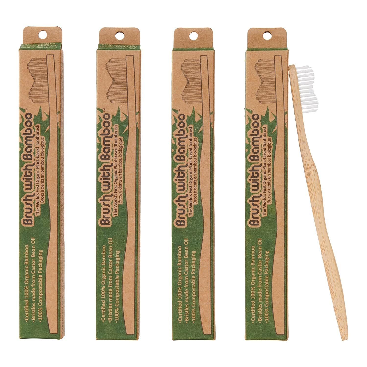 Brush with Bamboo Toothbrush with Plant-Based Bristles – 4 Pack