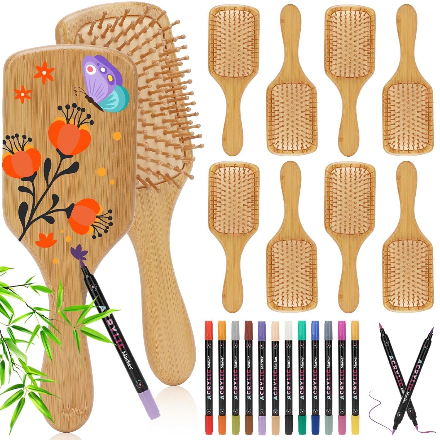 8 PCS Bamboo Hair Brush Bulk for Massaging Scalp Natural Wooden Hairbrush & 12 Multicolor Pens Hair Brushes for Women Men Kids Detangling Curly Thick Wavy Hair DIY Gift for Crafts (Large Rectangular)
