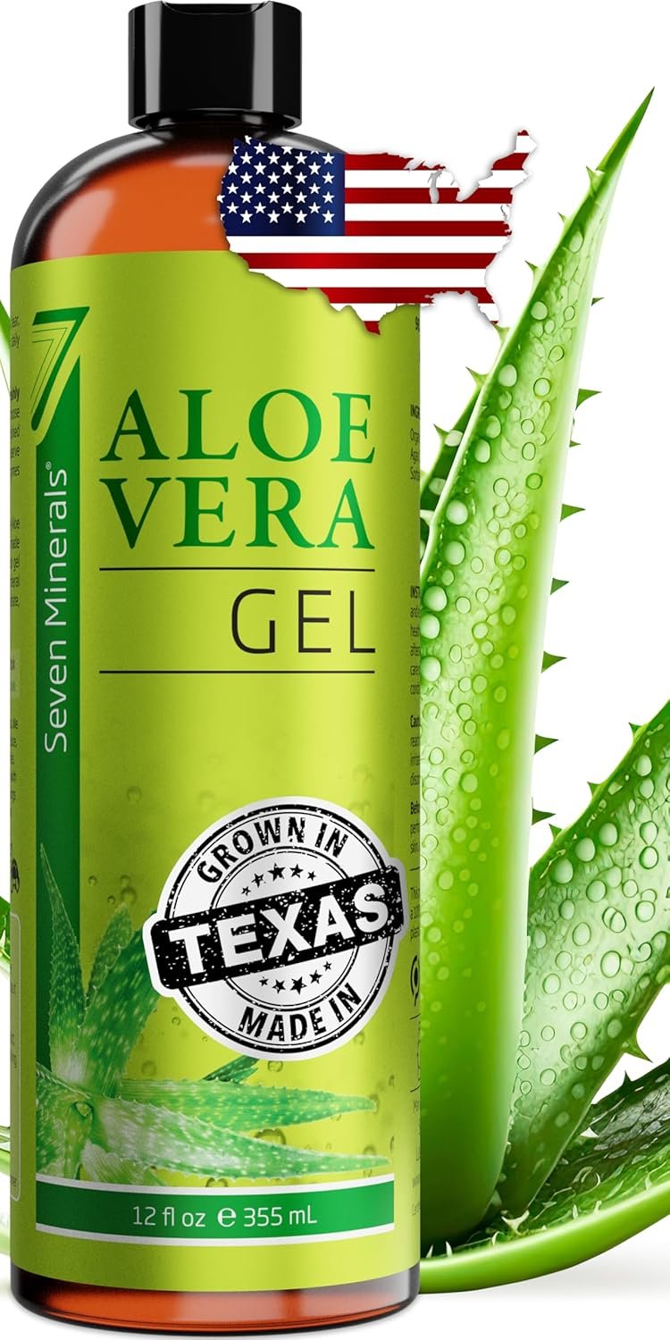Seven Minerals Aloe Vera Gel with Freshly Cut Pure Organic Aloe – Big 12oz – Texas Grown, HighestQuality, Vegan, Unscented, Non-Sticky – After Sun, Sunburn Relief, Skin & Face Moisturizer, Hair Mask